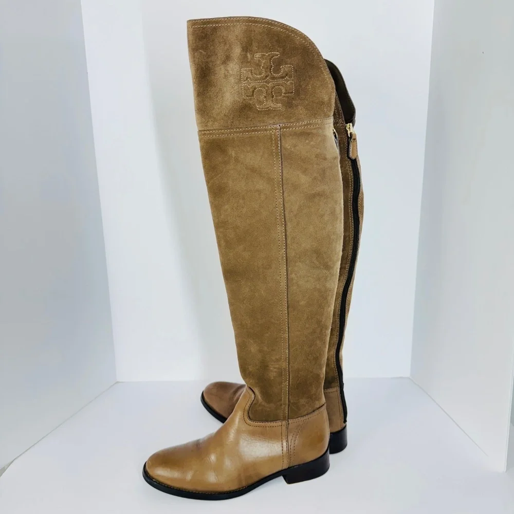 Tory Burch Women Brown Suede Leather Riding Boots Logo Tall Boots 6.5 Equestrian